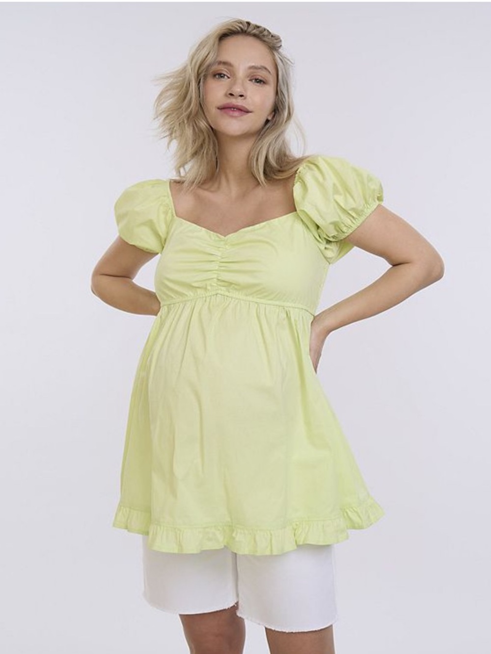 NWT Motherhood Maternity soft lime off the shoulder ruched top size small